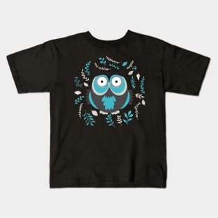 BLUE OWL AND LEAVES Kids T-Shirt